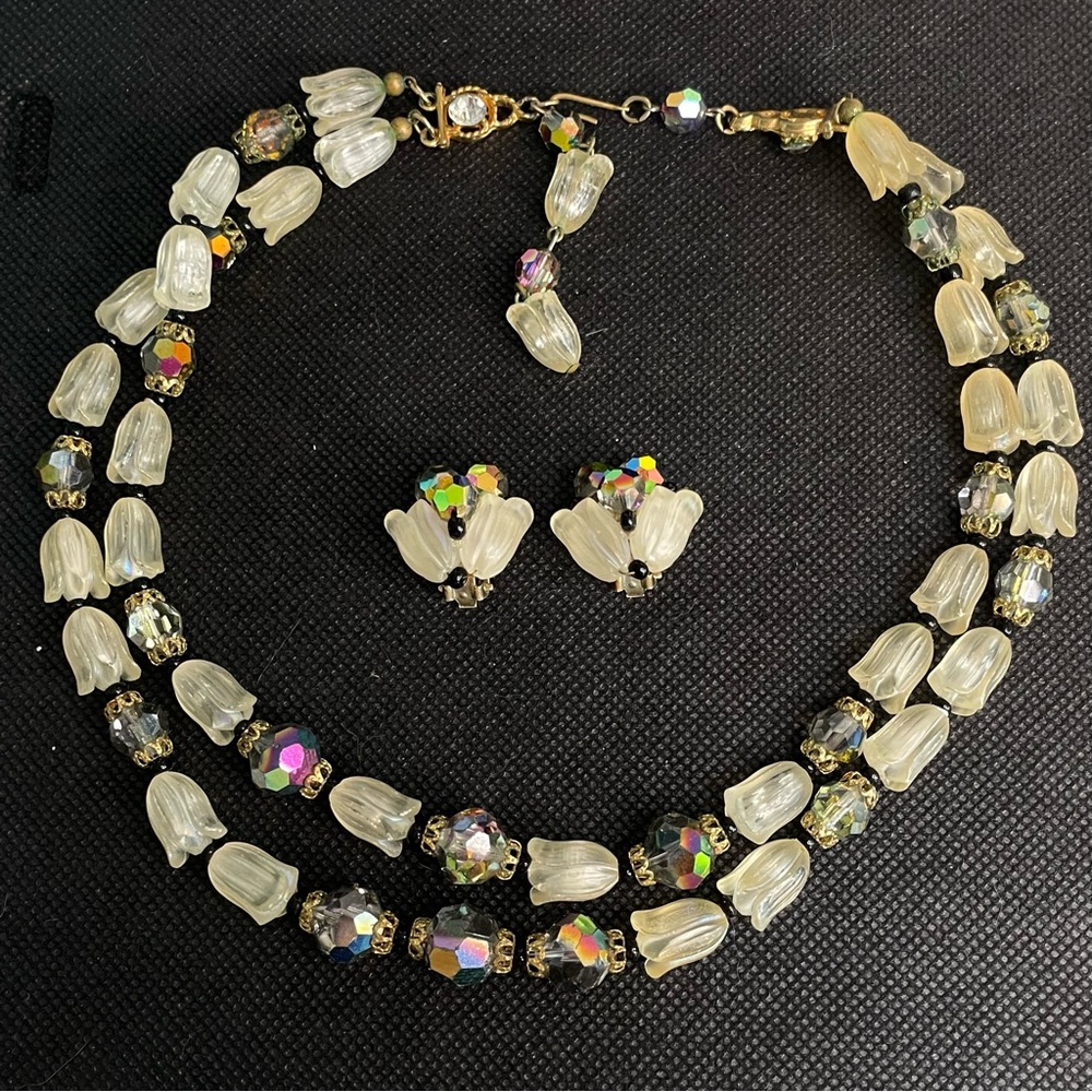 Vtg Upscale AB Glass Lucite Crystal Tulip Demi Parure Necklace Earrings Rondel.